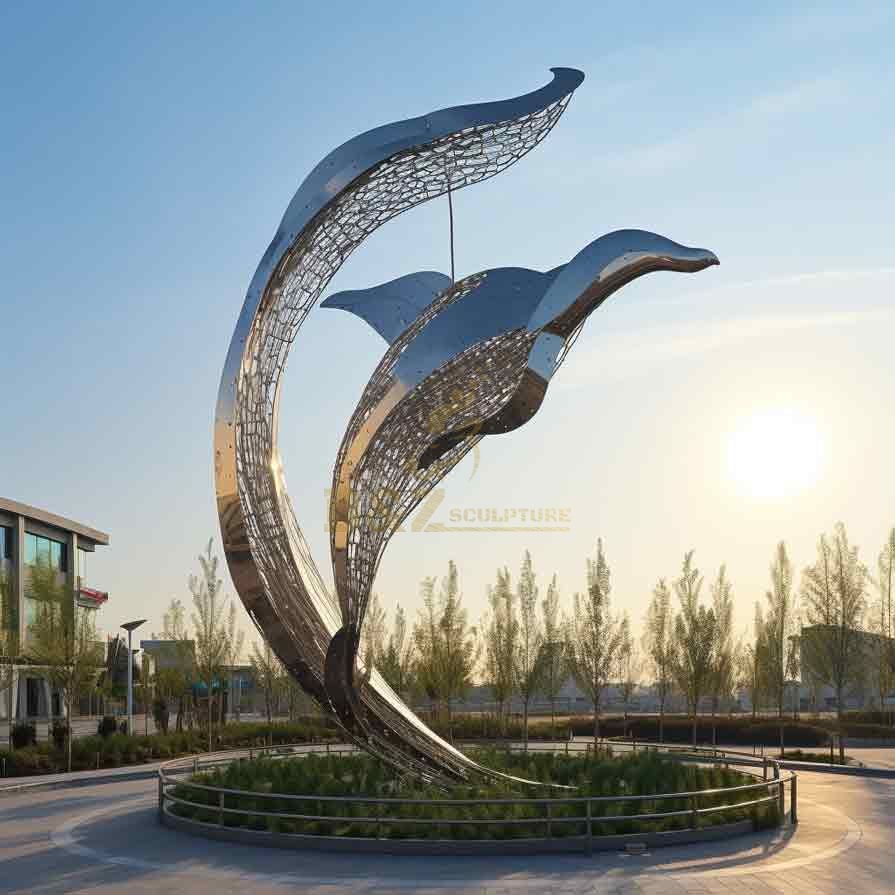 Large outdoor stainless steel hollow whale sculpture, real estate landscape project DZ-432