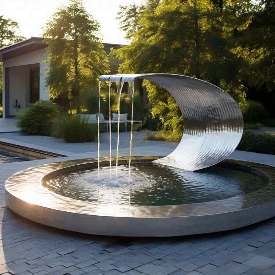 Outdoor stainless steel crescent water fountain sculpture garden water feature DZ-434