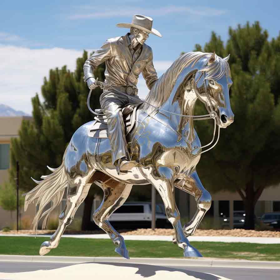 Stainless Steel Cowboy on Horse Metal Art Sculpture for Sale DZ-437