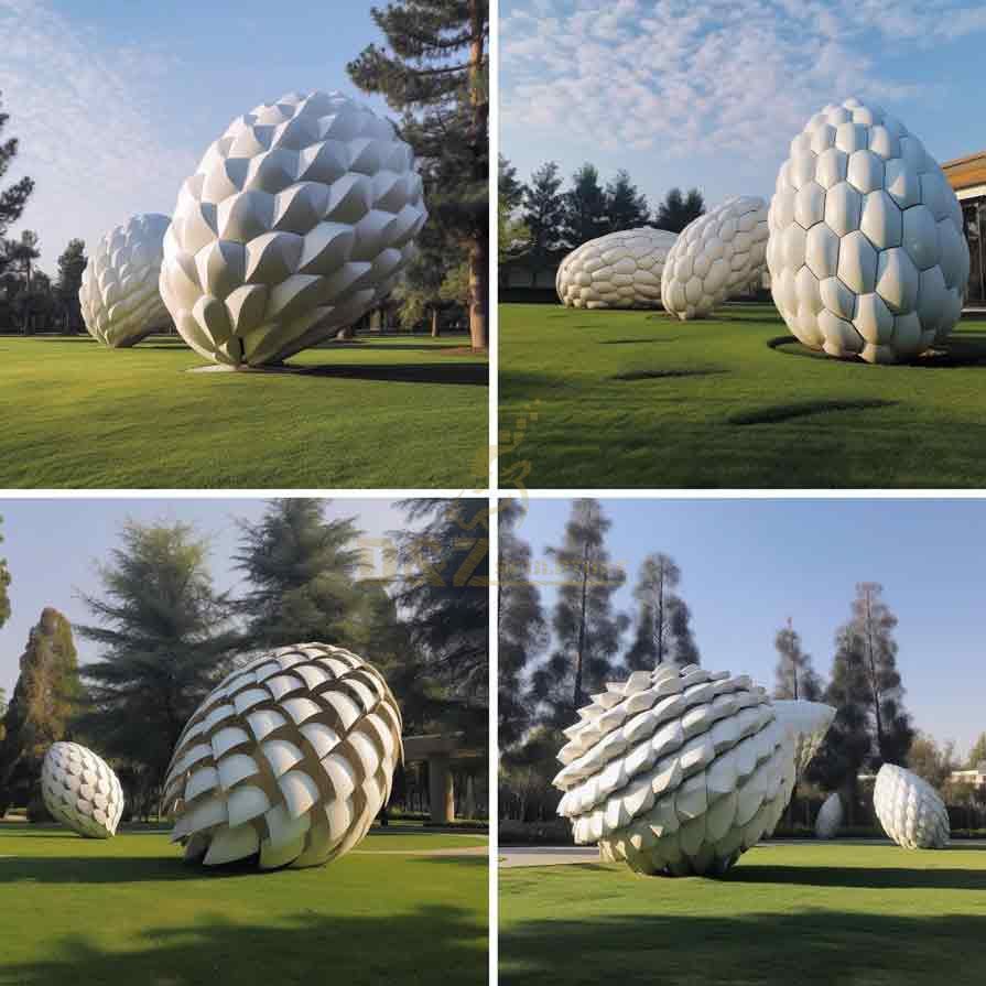 Custom giant white metal pine cone sculptures for public landscape project DZ-449