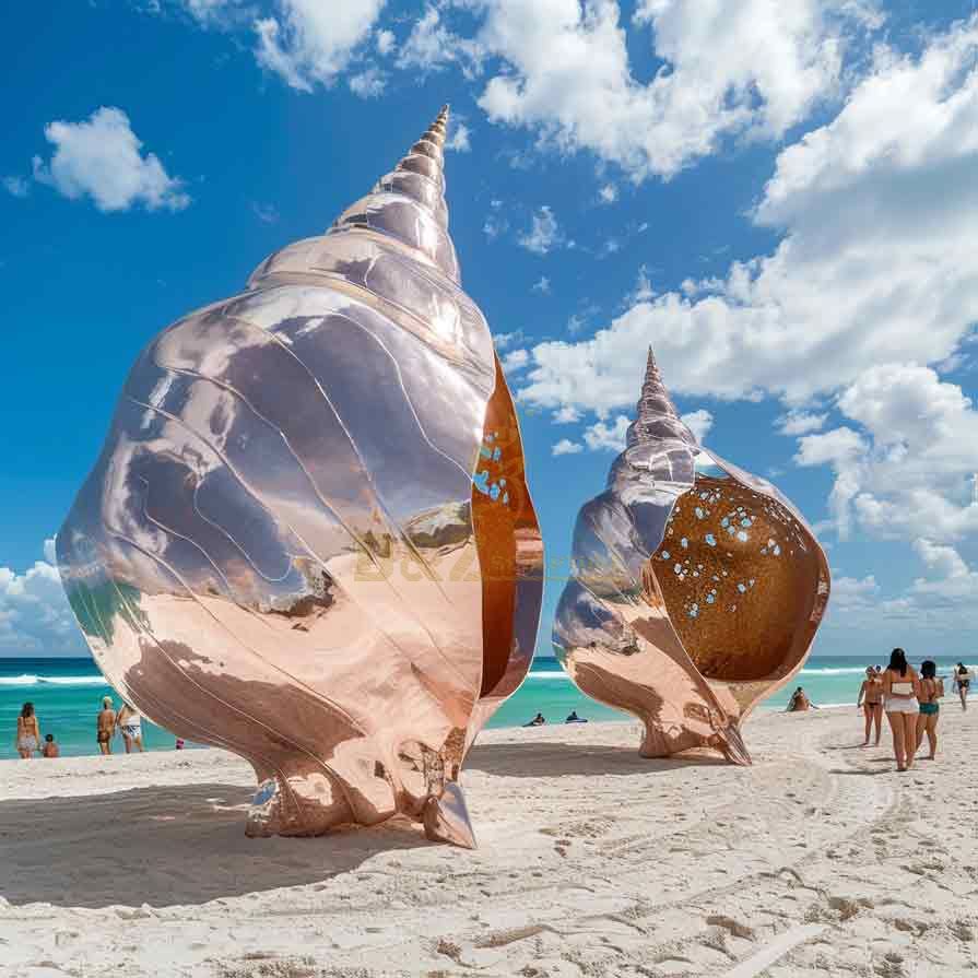 Large abstract metal conch shell sculpture on beach DZ-490