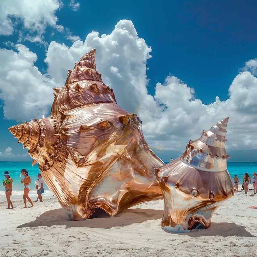 Large abstract metal conch shell sculpture on beach DZ-490