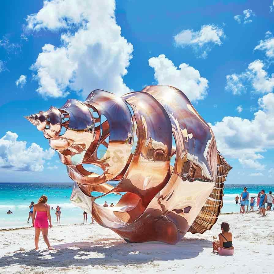 Large abstract metal conch shell sculpture on beach DZ-490