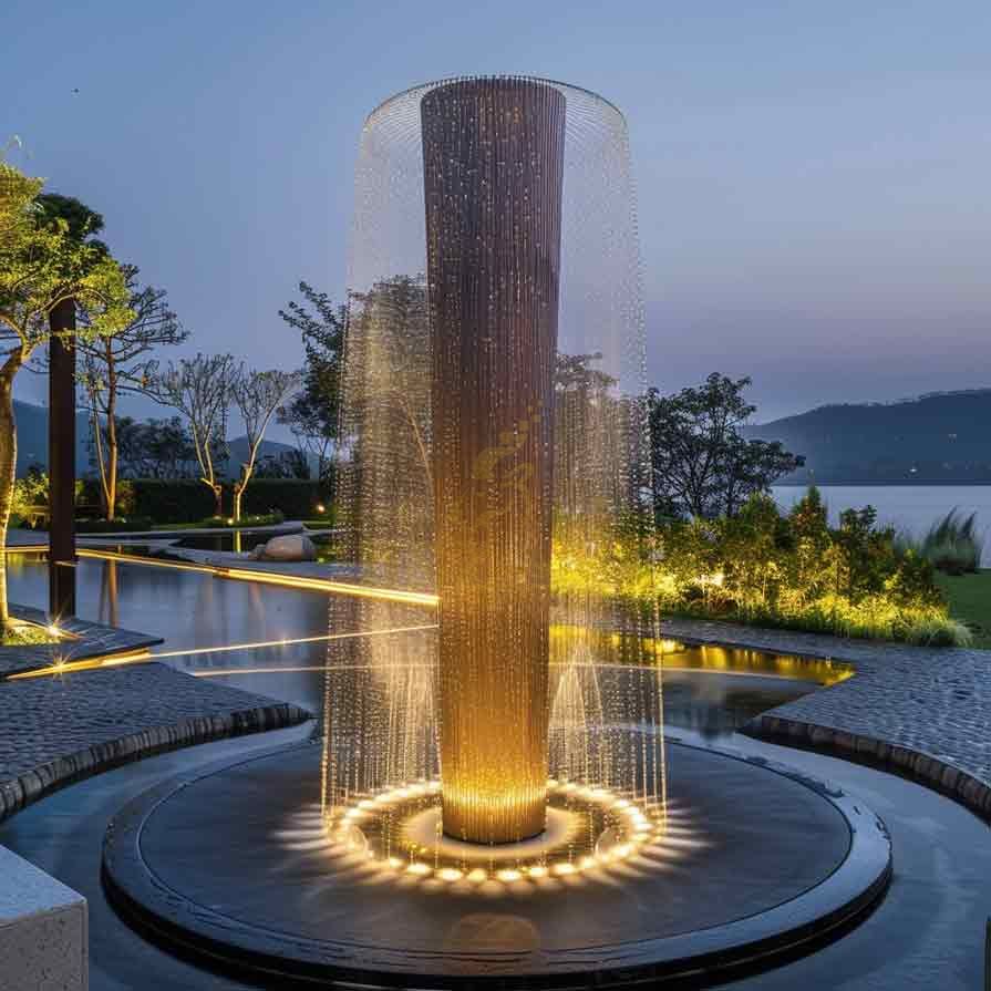 Large outdoor metal cylindrical fountain sculpture water curtain effect DZ-495