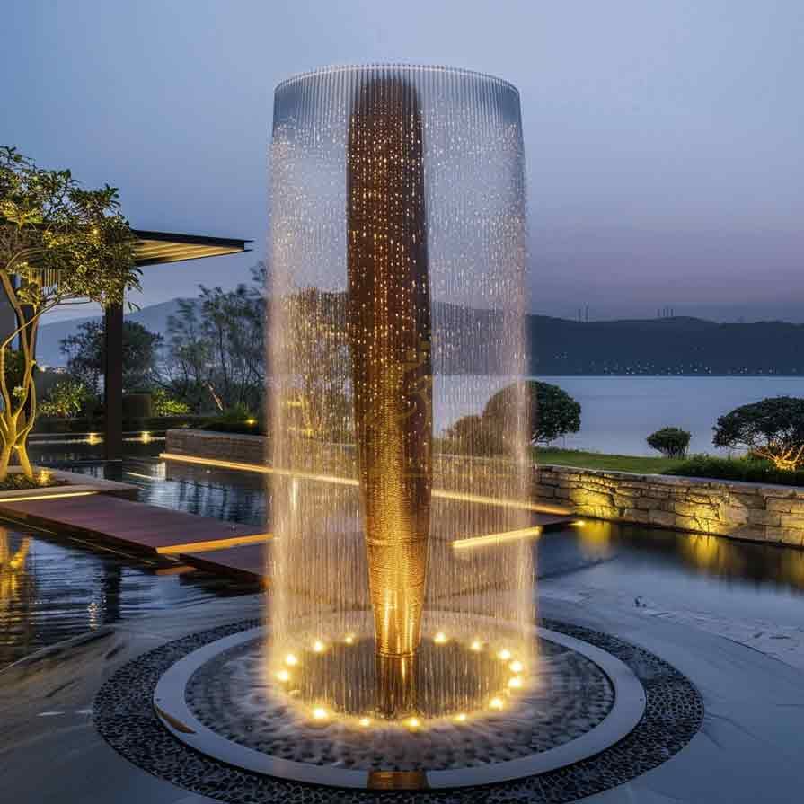 Large outdoor metal cylindrical fountain sculpture water curtain effect DZ-495