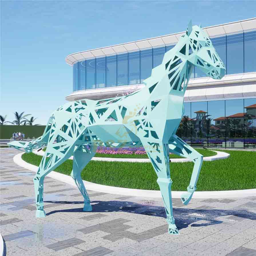 Large outdoor geometric abstract metal horse sculptures for sale light blue DZ-517