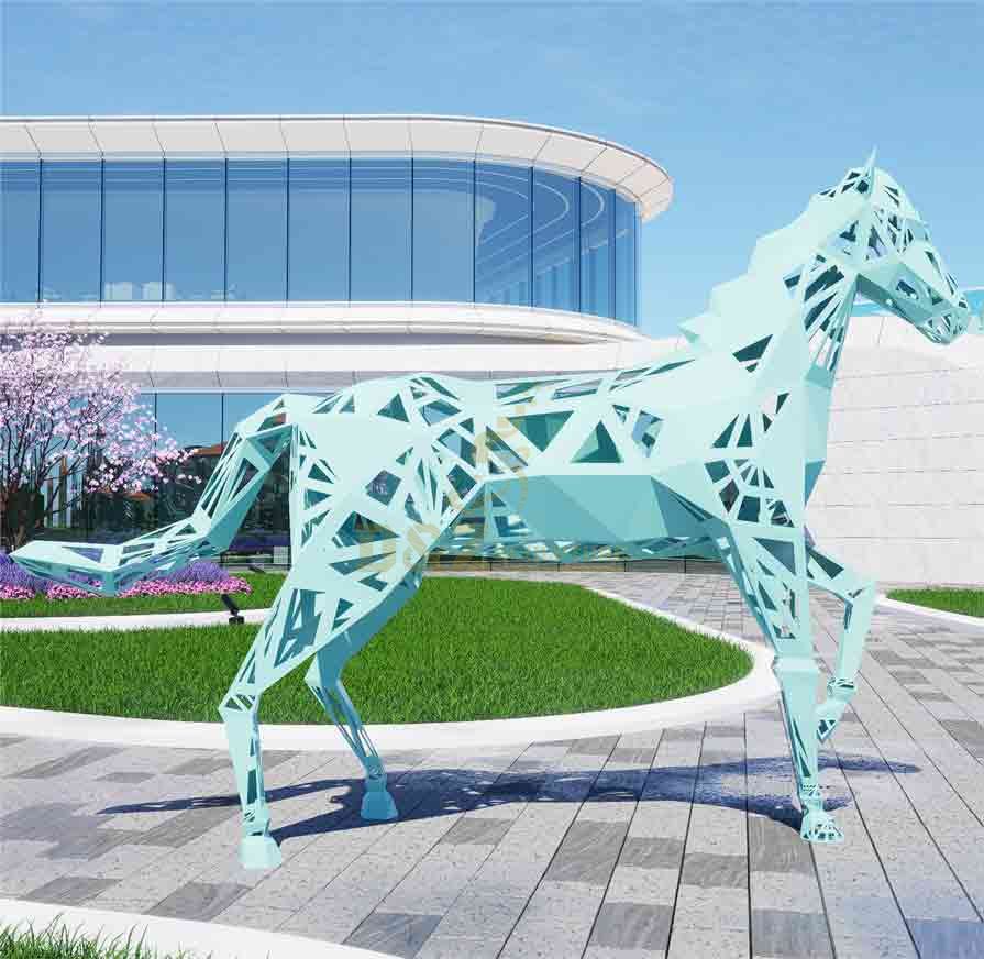 Large outdoor geometric abstract metal horse sculptures for sale light blue DZ-517