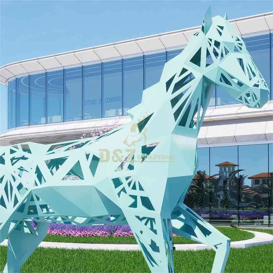 Large outdoor geometric abstract metal horse sculptures for sale light blue DZ-517