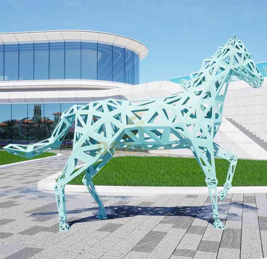 Large outdoor geometric abstract metal horse sculptures for sale light blue DZ-517