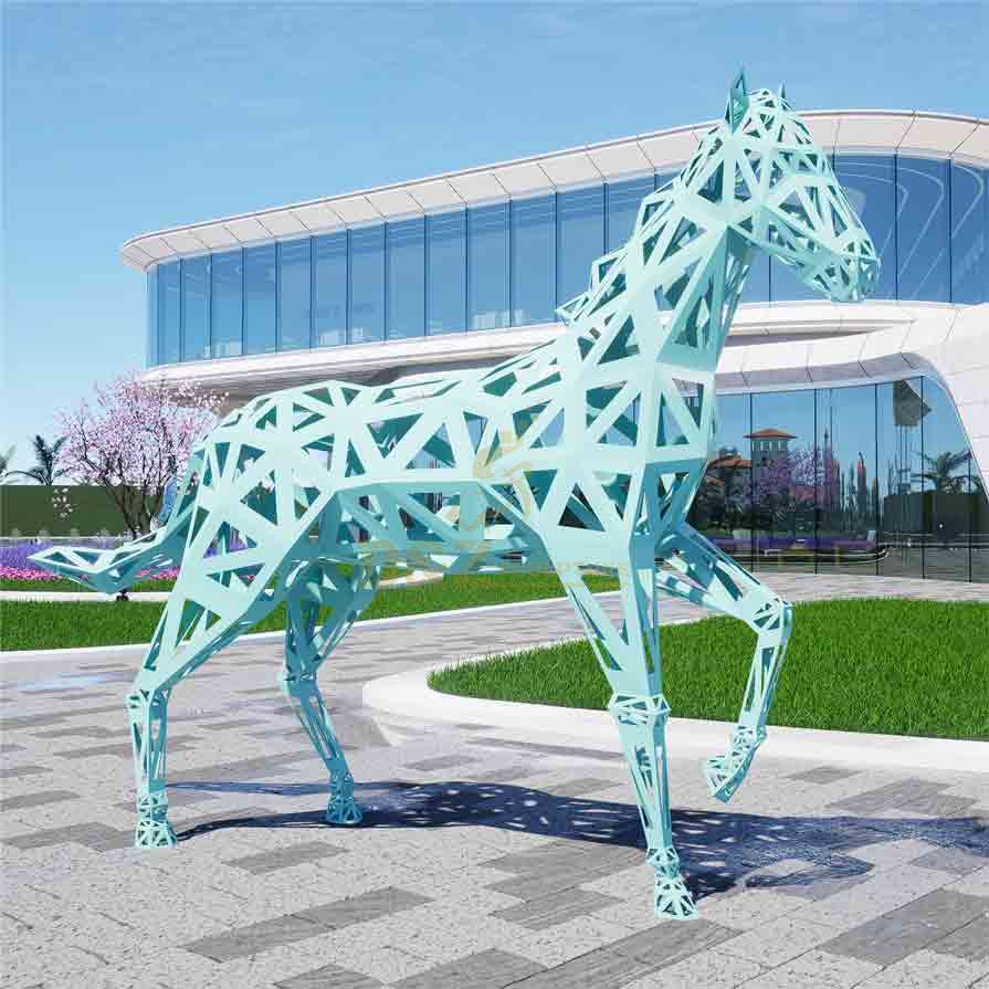 Large outdoor geometric abstract metal horse sculptures for sale light blue DZ-517