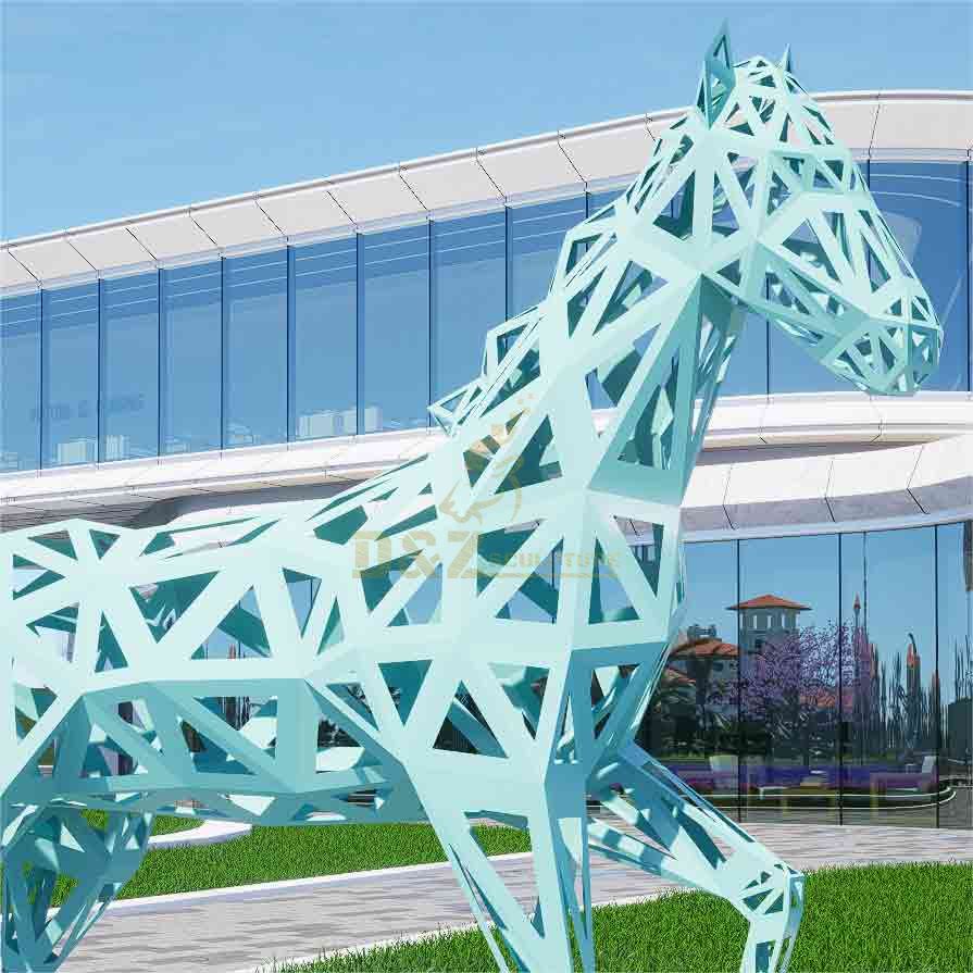 Large outdoor geometric abstract metal horse sculptures for sale light blue DZ-517