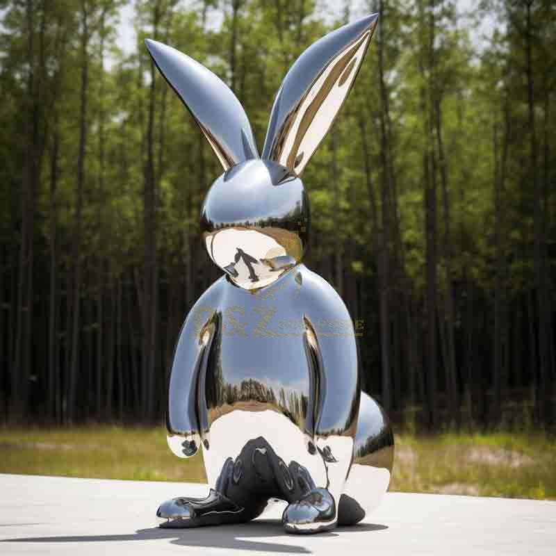 Mirror silver stainless steel rabbits sculpture