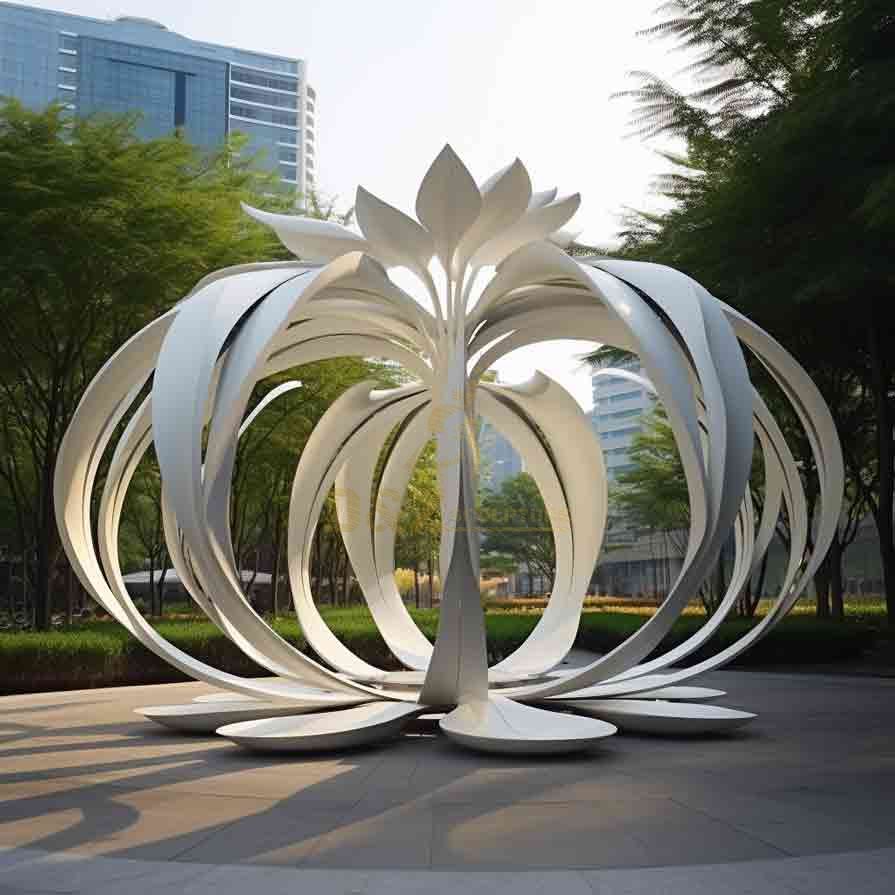 White abstract giant metal flower sculpture pavilion in the garden DZ-529