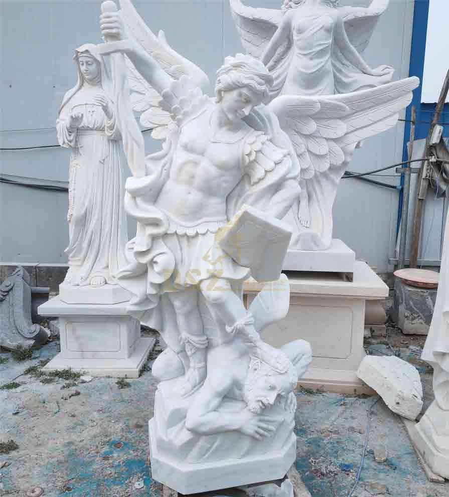 White marble Archangel Michael and devil statue for sale DZ-531