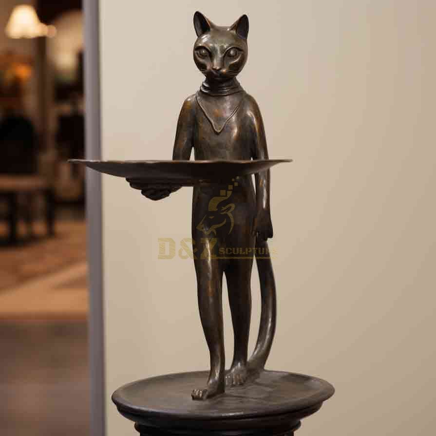 Bronze standing cat butler statue