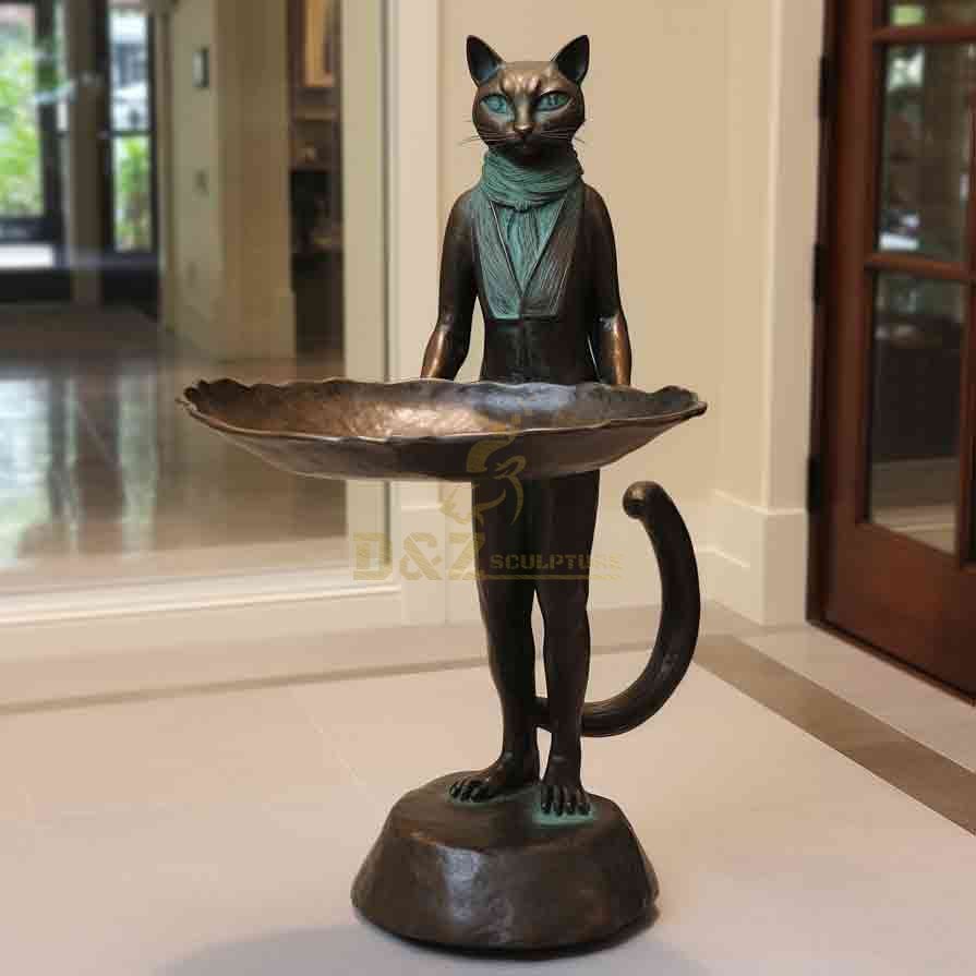 Bronze standing cat butler statue