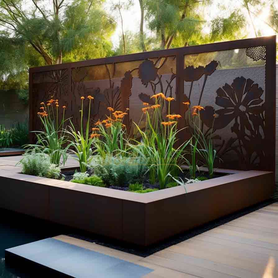 Garden Corten Steel Privacy Screen Sculpture with Flower Pond for Sale DZ-548