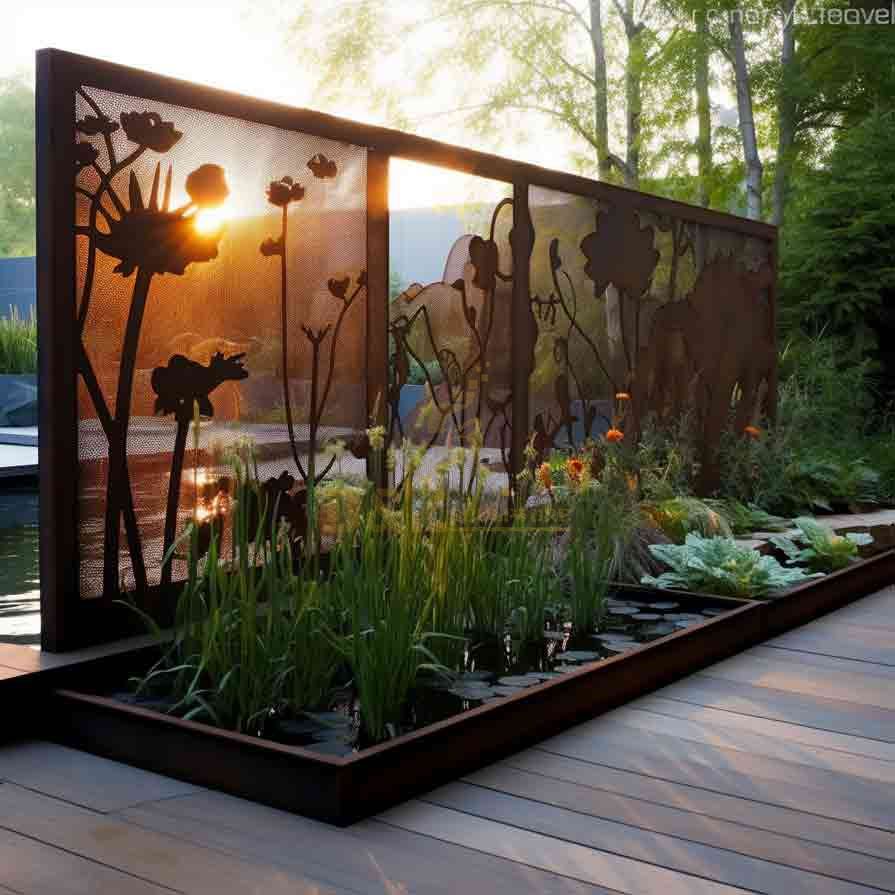 Garden Corten Steel Privacy Screen Sculpture with Flower Pond for Sale DZ-548