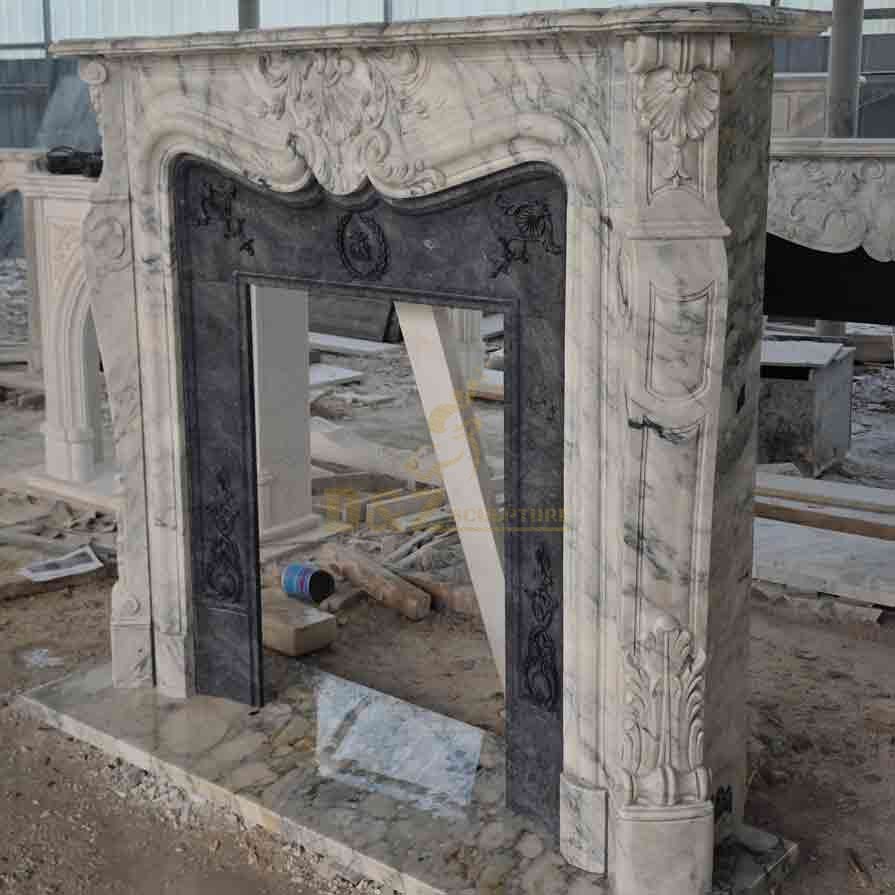 Custom Marble Fireplace Mantel Surround Sculpture with Flower Decorations DZ-566