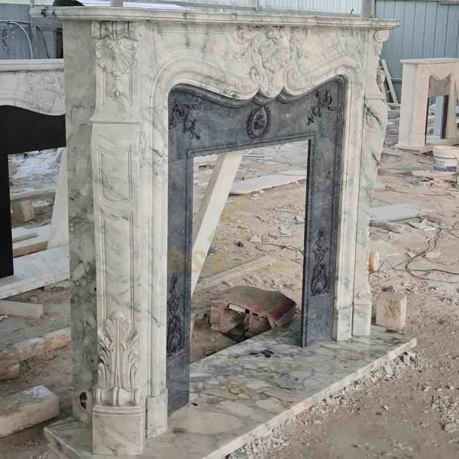 Custom Marble Fireplace Mantel Surround Sculpture with Flower Decorations DZ-566