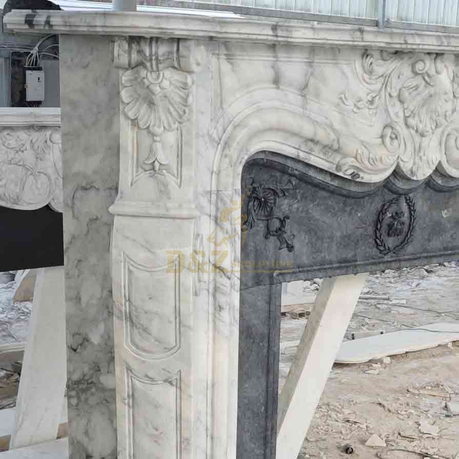 Custom Marble Fireplace Mantel Surround Sculpture with Flower Decorations DZ-566