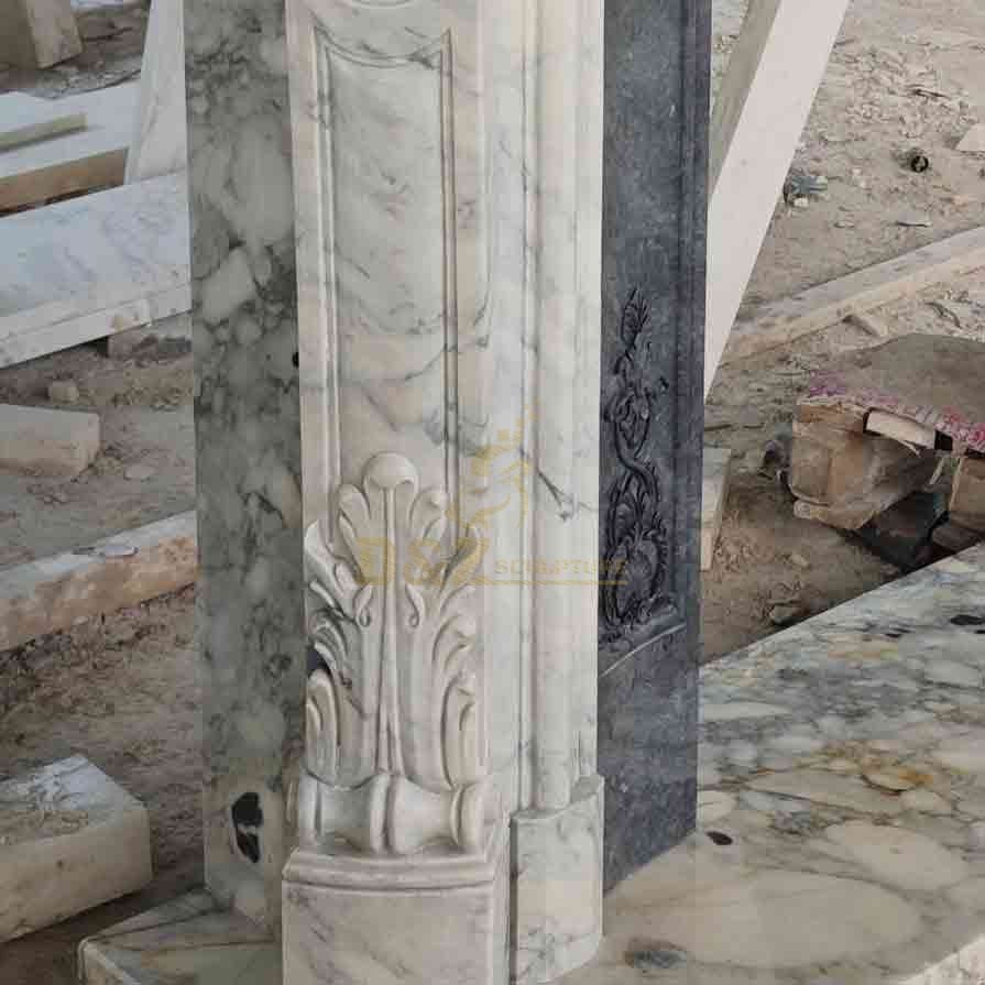 Custom Marble Fireplace Mantel Surround Sculpture with Flower Decorations DZ-566