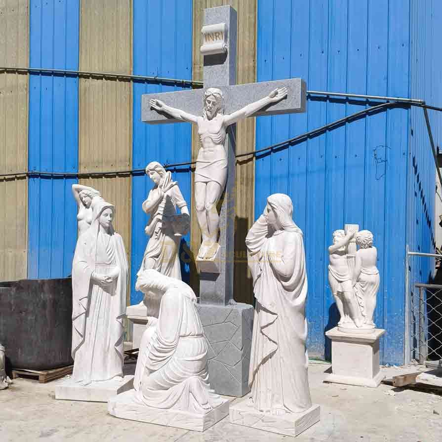 Large outdoor marble Jesus Crucifixion sculpture Jesus cross and saints memorial sculpture DZ-577