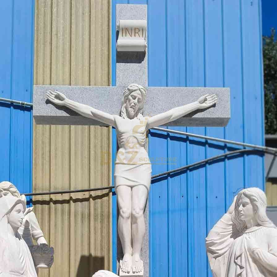 Large outdoor marble Jesus Crucifixion sculpture Jesus cross and saints memorial sculpture DZ-577