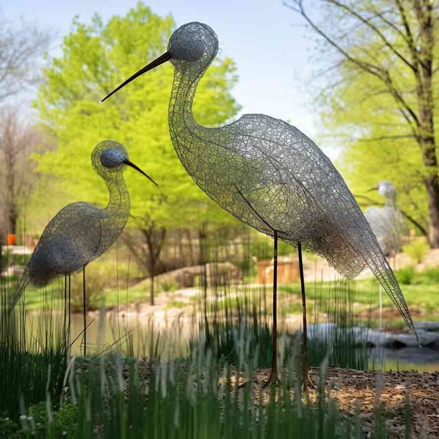 Large Metal Wire Abstract Crane Sculptures