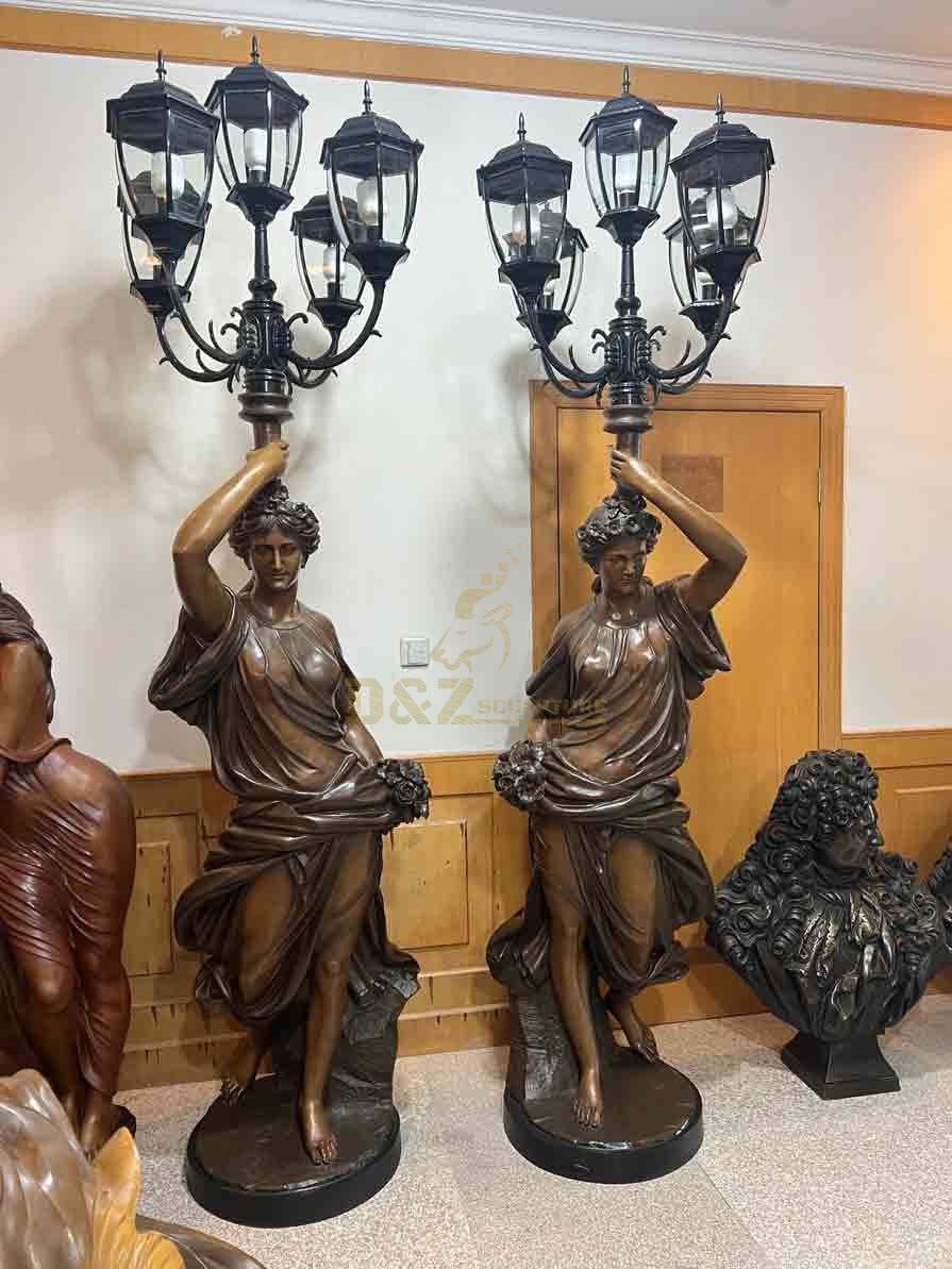 Classical style pair of bronze lady statue floor lamp furniture decoration