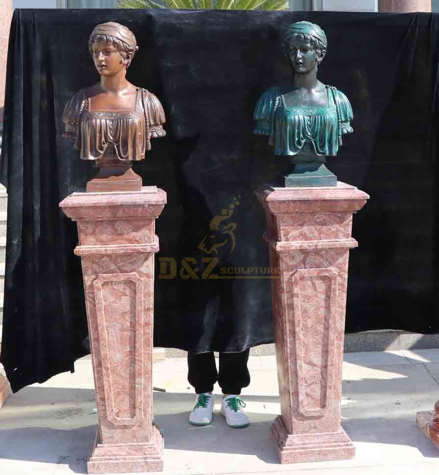 Colorful vintage female bronze busts on marble pedestal DZ-621