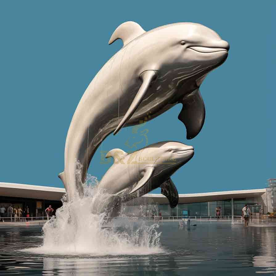 Large mother and child beluga whale sculpture