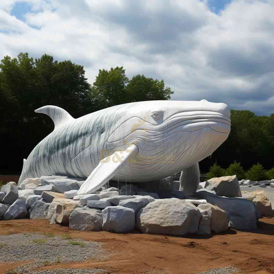 outdoor marble whale sculpture