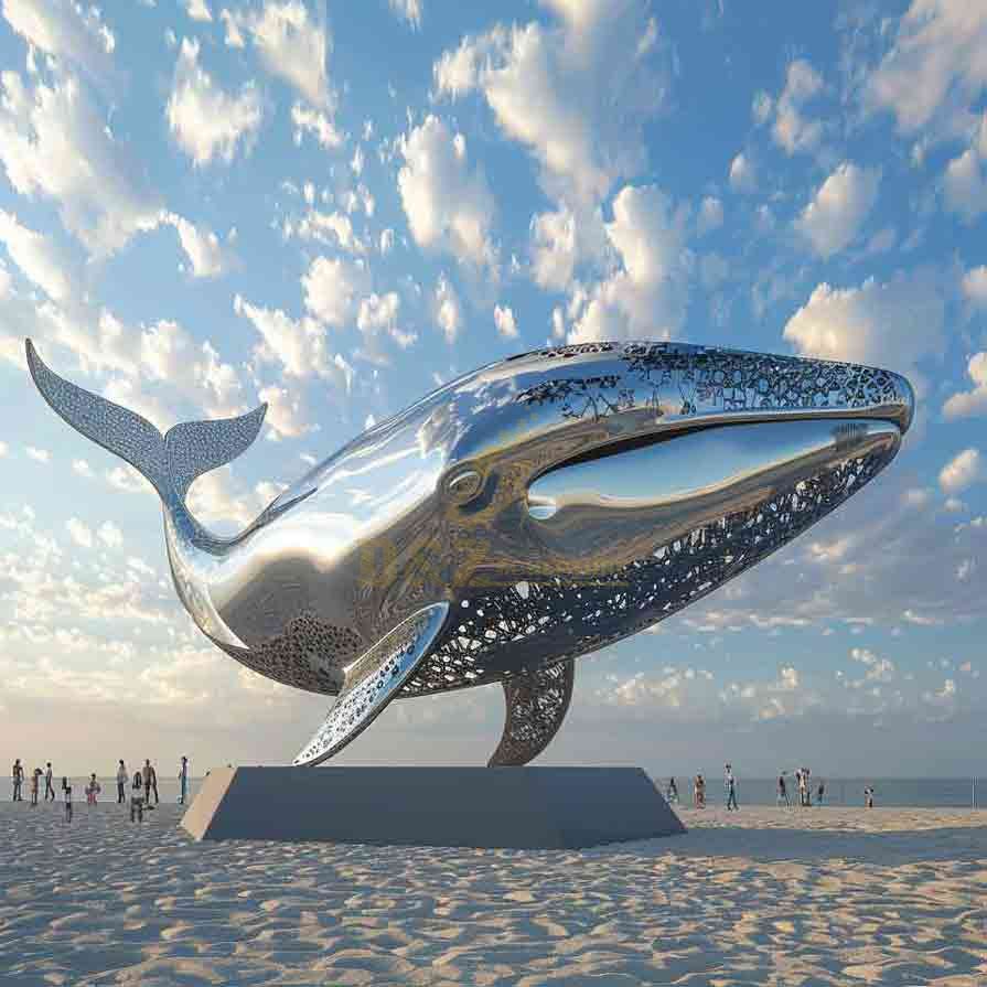 beach stainless steel metal whale art sculpture