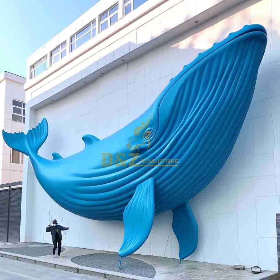 Outdoor blue whale wall sculpture