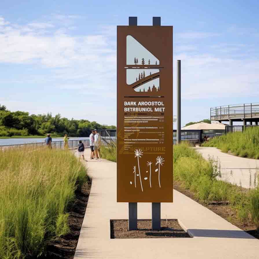 Corten Steel Sculpture Signage by the River in the Scenic Area