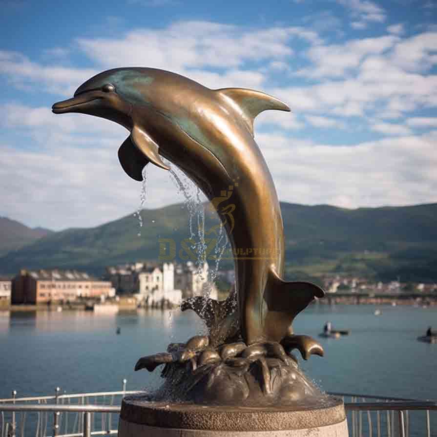 Bronze dolphin sculpture statue jumping out of water