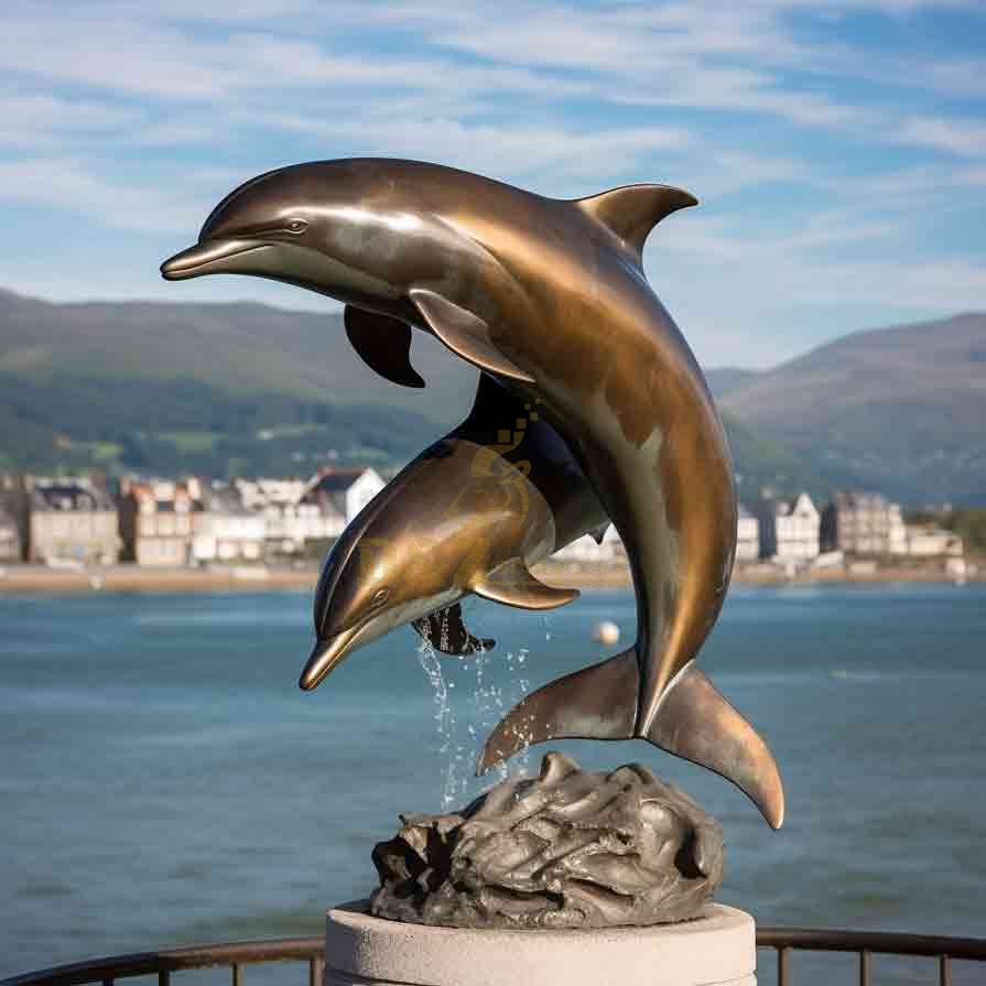 Two bronze dolphin statues jumping out of the water