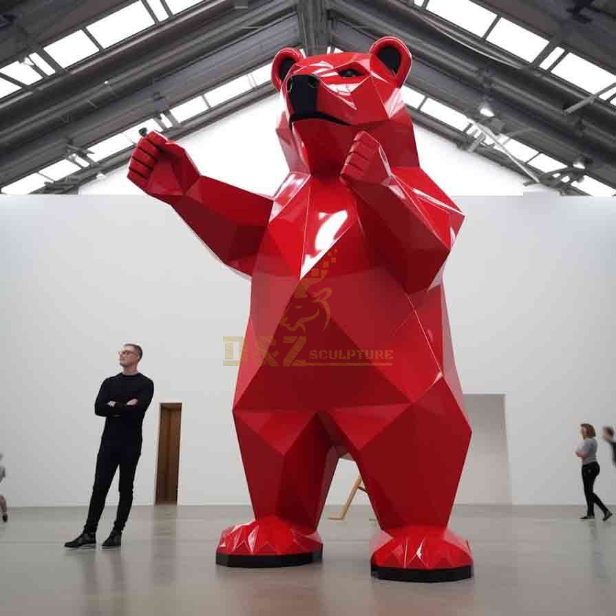 Geometric standing red bear sculpture