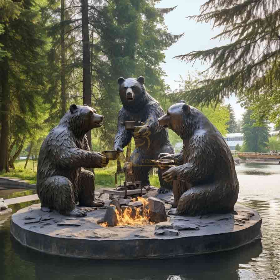 Bronze bear sculpture for garden picnic