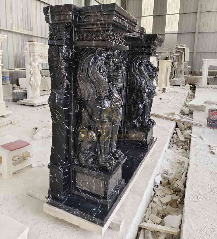 Nero Marquina Fireplace Mantel with Lion Statues DZ-646