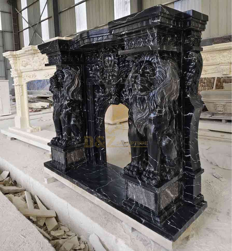 Nero Marquina Fireplace Mantel with Lion Statues DZ-646