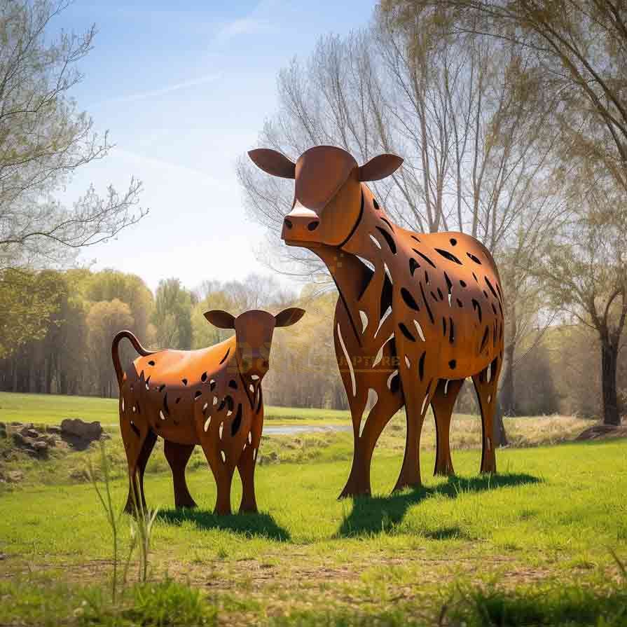 Large corten steel cow sculpture family on the grass DZ-656