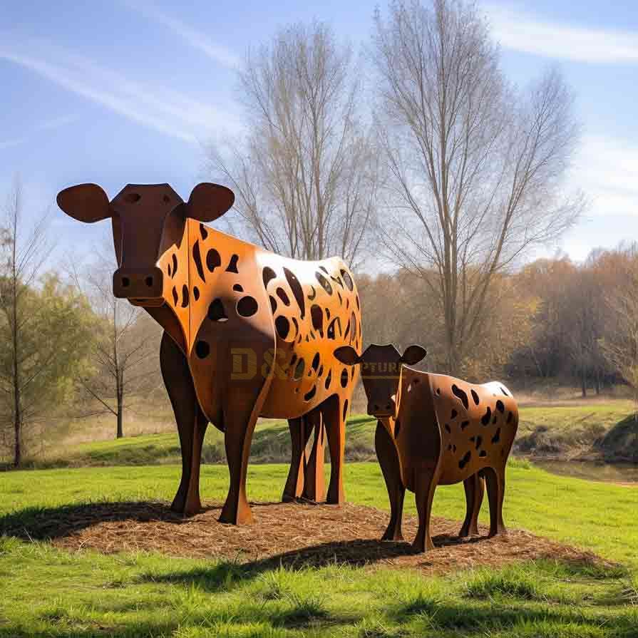 Large corten steel cow sculpture