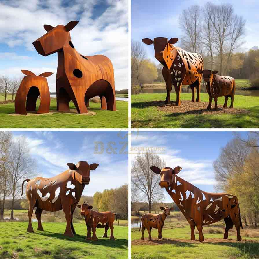 Large corten steel cow sculpture family on the grass DZ-656