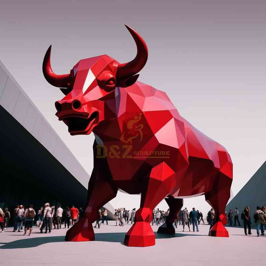 red metal geometric bull sculpture