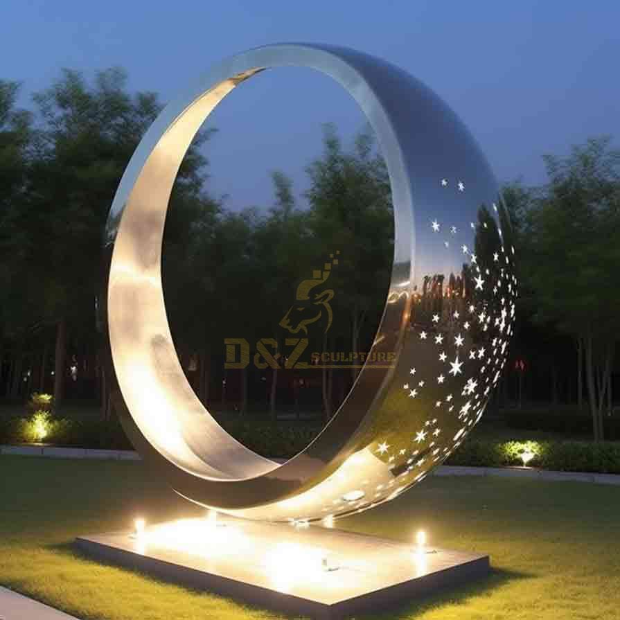 Outdoor Circle Metal Crescent Sculpture with Stars and Lights