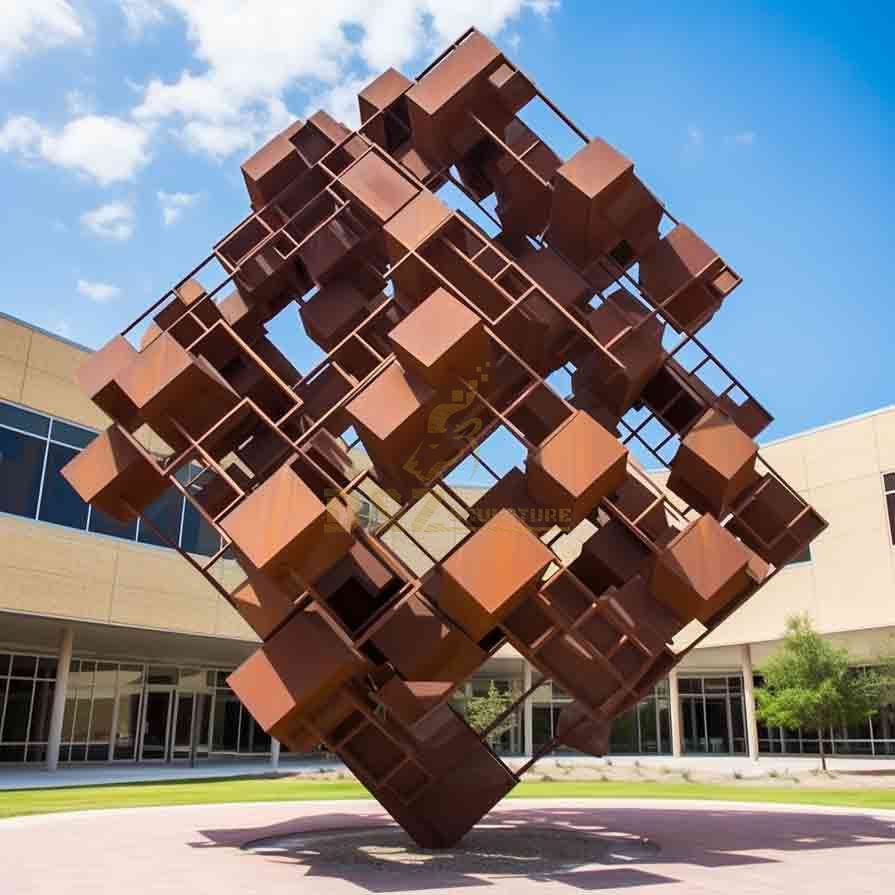 Large Corten Steel Abstract Geometric Sculpture Cube DZ-662