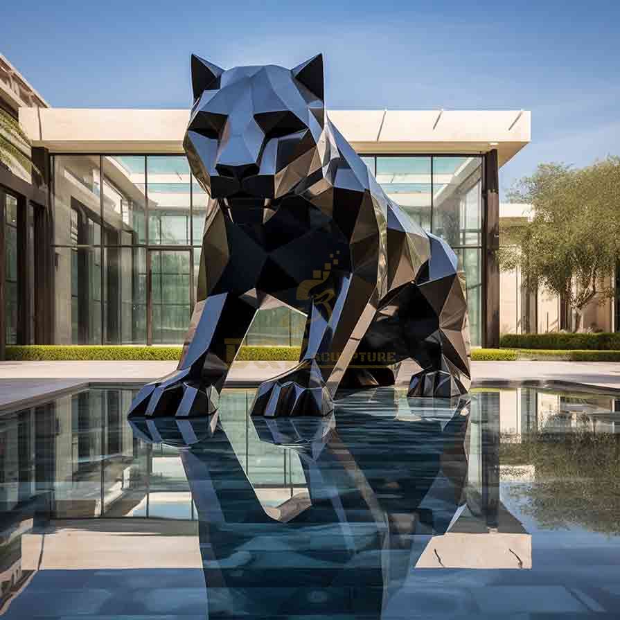 Large metal geometric black panther sculpture