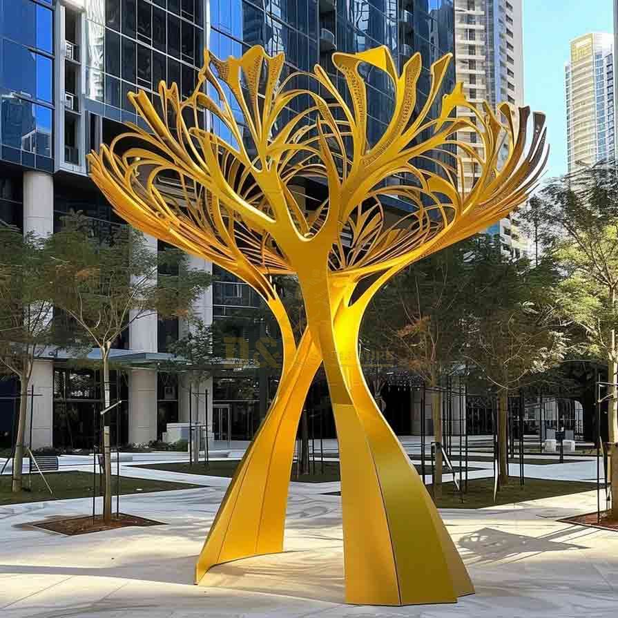 OutdoorLarge Yellow Metal Tree Sculpture, Urban Landscape Tree